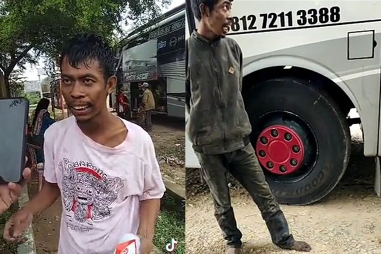 Kolase tangkapan layar video seorang pria menumpang di kolong bus dari Merak ke Lampung.