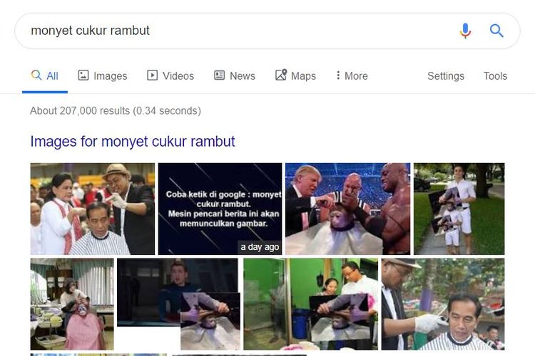 Saat mengetik monyet cukur rambut di mesin pencari Google, maka akan muncul gambar Jokowi dan Donald Trump. 