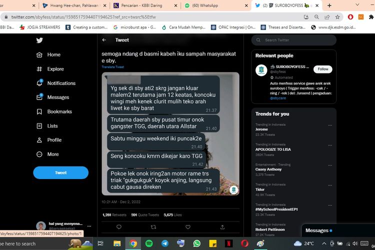 Ramai warganet di media sosial menyampaikan kekhawatirannya akan kabar gangster di Surabaya berkeliaran dan membawa senjata tajam di malam hari.