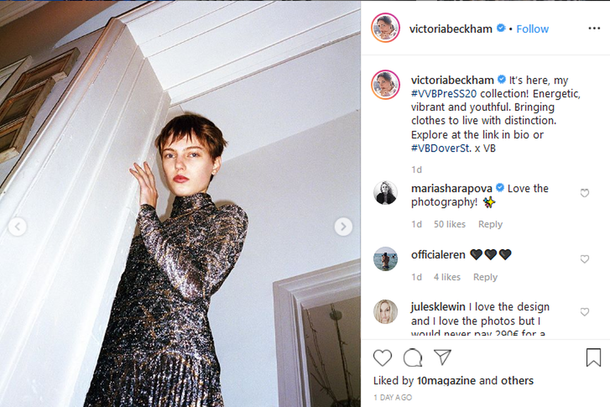 Salah satu koleksi terbaru Victoria Beckham yang dipamerkan di akun Instagramnya.