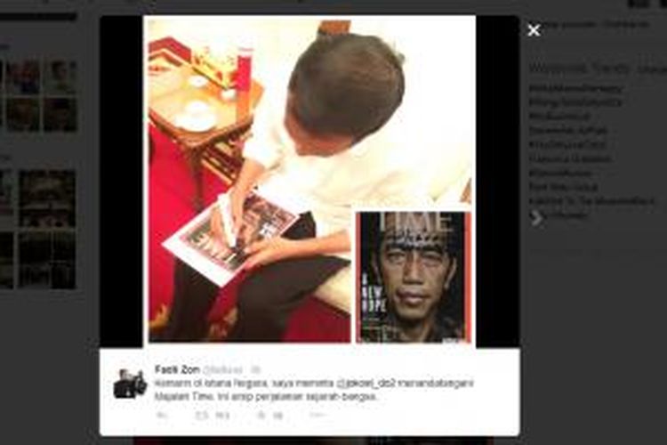 Foto yang diunggah oleh Fadli Zon di akun Twitter-nya memperlihatkan Presiden Joko Widodo tengah menandatangani Majalah Time dengan foto Jokowi di halaman depan majalah.