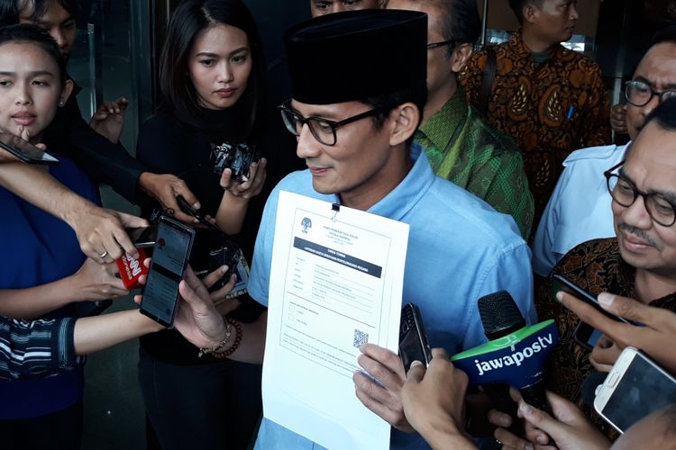 Calon wakil presiden Sandiaga Uno dan Sudirman Said di Gedung KPK Jakarta, Selasa (14/8/2018).