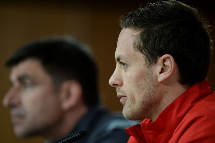 Gelandang Serbia, Nemanja Matic, menjalani jumpa bersama tim nasional di Lisbon, 28 Maret 2014.