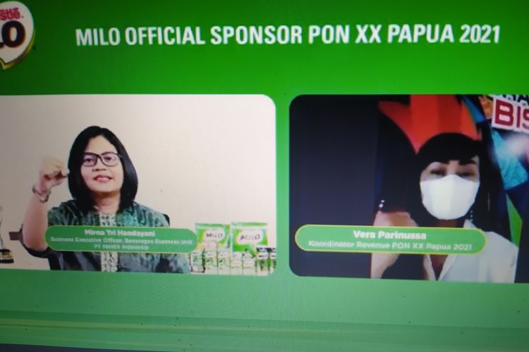 Tangkapan layar webinar peluncuran Milo sebagai sponsor resmi PON XX Papua 2021 pada Kamis (23/9/2021). Foto kiri Mirna Tri Handayani (Business Executive Beverages Business Unit Nestle Indonesia) dan foto kanan Vera Parinussa (Koordinator Revenue PON XX Papua 2021).
