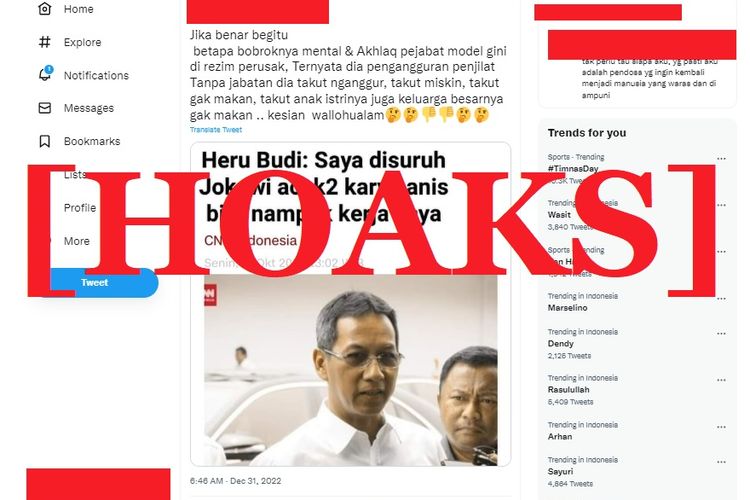 Tangkapan layar Twitter narasi yang menyebut bahwa Pj Gubernur DKI Jakarta ditugasi Jokowi untuk mengacak-acak kerja Anies Baswedan