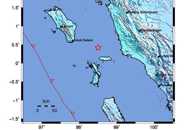Magnitudo 5,7 mengguncang Kepulauan Nias, Sumatera Utara, terjadi pada pukul 18.16.14 WIB wilayah Nias Selatan., berlokasi Episenter pada 0,38° LU ; 98,55° BT, atau tepatnya berlokasi di laut pada jarak 84 Km arah tenggara Nias Selatan, Sumatera Utara pada kedalaman 47 km. Gempa tersebut cukup kuat dirasakan di alat milik Badan Meteorologi Klimatologi dan Geofisika (BMKG) Stasiun Gunungsitoli