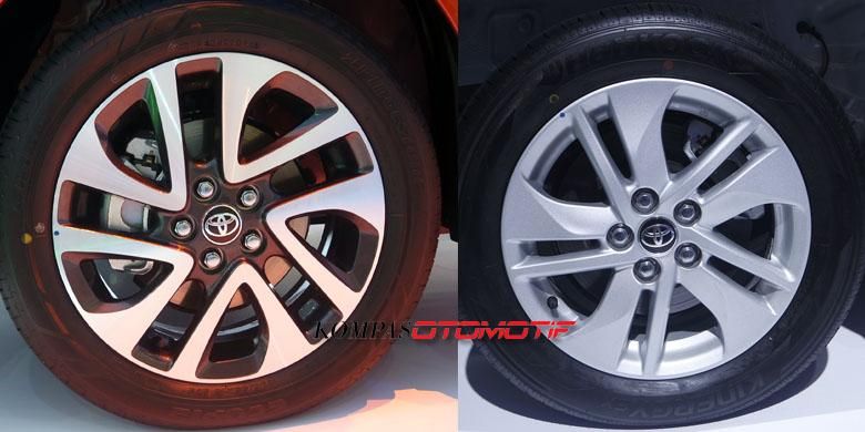 Ban cadangan Toyota Sienta ukuran 16 inci 195/55 pada tipe Q (kiri) dan 15 inci 185/60 pada tipe E (kanan).