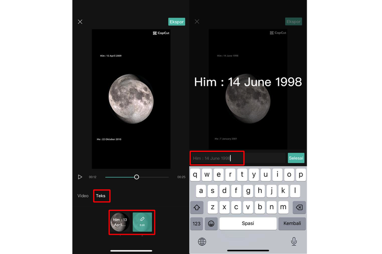 Ilustrasi cara mengedit teks tanggal lahir di video moon phase.