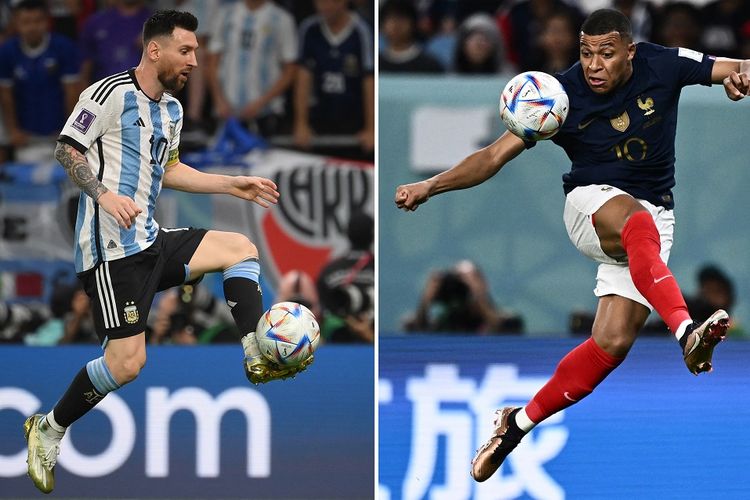 Kombinasi foto ini dibuat pada 15 Desember 2022, selama pergelaran Piala Dunia 2022 Qatar. Lionel Messi (kiri) tampak sedang beraksi di Al-Rayyan, sedangkan Kylian Mbappe (kanan) tampil dalam laga yang berlangsung di Al-Wakrah. Argentina akan melawan Perancis pada laga final Piala Dunia 2022 di Stadion Lusail, Minggu (18/12/2022) malam WIB.