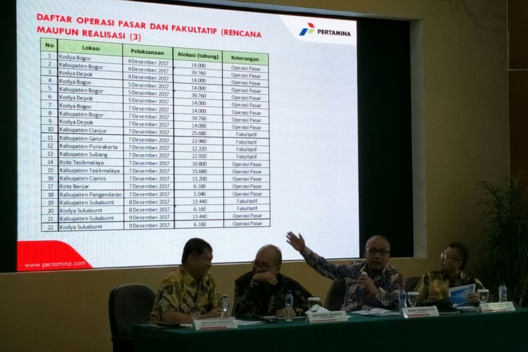 Konferensi pers  PT Pertamina (Persero) terkait kelangkaan gas elpiji melon 3 kilogram di Kantor Pusat Pertamina, Jakarta, Jumat (8/12/2017).