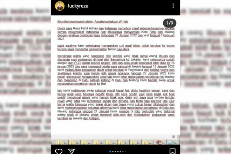 Tangkapan layar akun Instagram @luckyreza yang menampilkan pengakuan wisatawan mengaku Covid-19 dan berkeluyuran di Malang