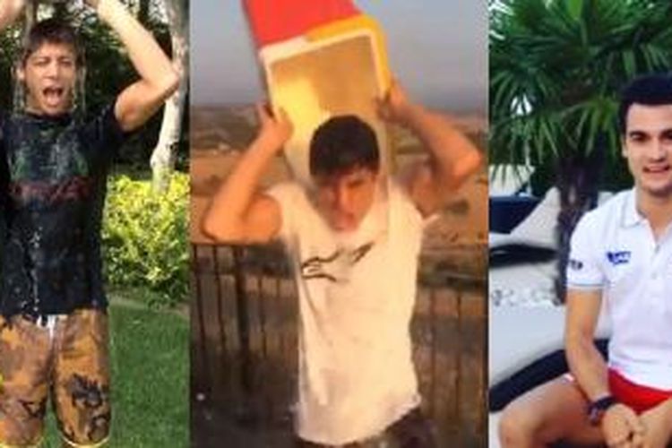 Para pebalap MotoGP (kiri ke kanan) Valentino Rossi, Marc Marquez, Dani Pedrosa memenuhi tantangan Ice Bucket Challenge dari Jorge Lorenzo.