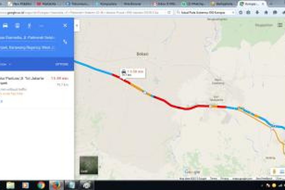 Kepadatan dalam tol menuju Cikampek yang terpantau google map pada Jumat (25/12/2015) pukul 09.17 WIB.