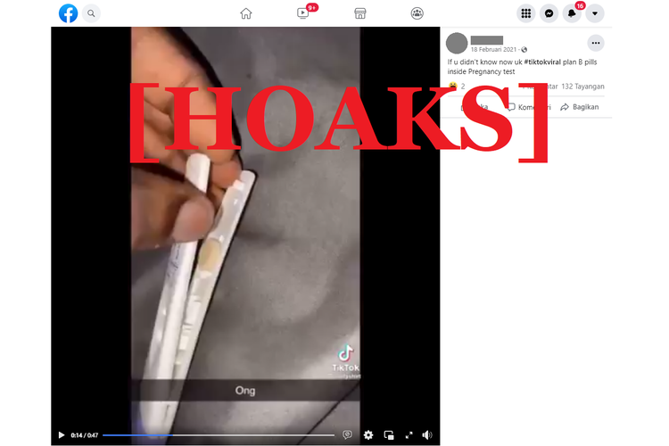 Tangkapan layar unggahan hoaks di sebuah akun Facebook, tentang video benda mirip tablet obat di dalam alat tes kehamilan yang diklaim sebagai pil Plan B.