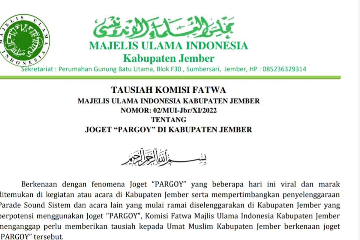 Surat keputusan fatwa MUI Jember terkait larangan joget pargoy