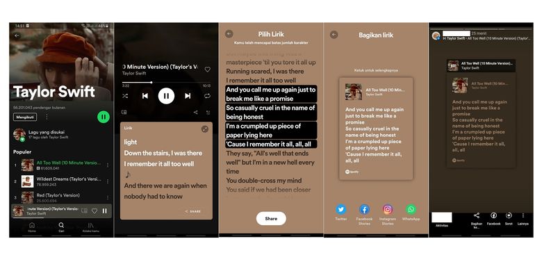 Cara membagikan lirik lagu Spotify ke media sosial lain.