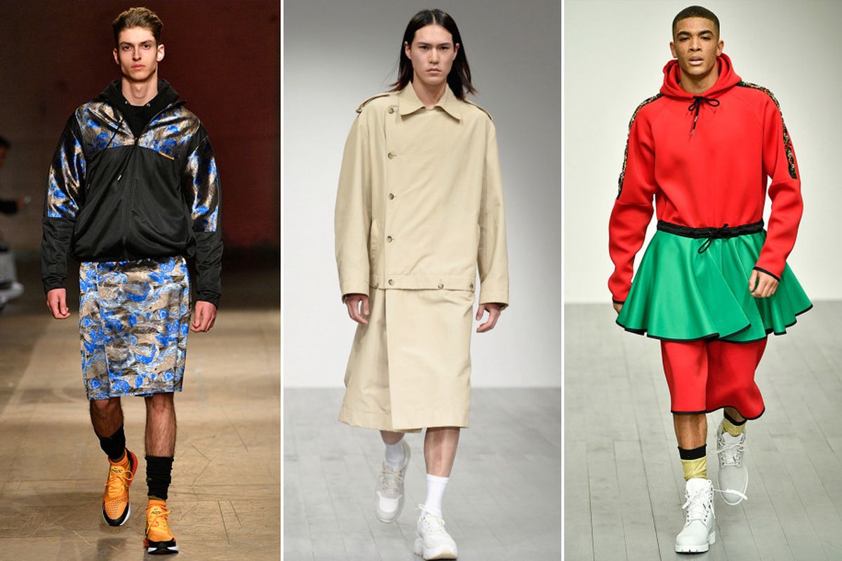 Sejumlah koleksi yang disuguhkan dalam peragaan busana London Fashion Week Mens 2018. Para desainer menampilkan pilihan mode terbaru pria dengan koleksi rok sebagai bawahan.