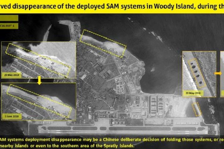 Citra satelit yang diambil di Pulau Woody masing-masing pada 20 Mei dan 3 Juni memperlihatkan China telah memindahkan sistem rudalnya dari kawasan Laut China Selatan.