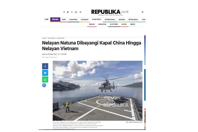 Tangkapan layar artikel Republika berjudul Nelayan Natuna Dibayangi Kapal China Hingga Nelayan Vietnam
