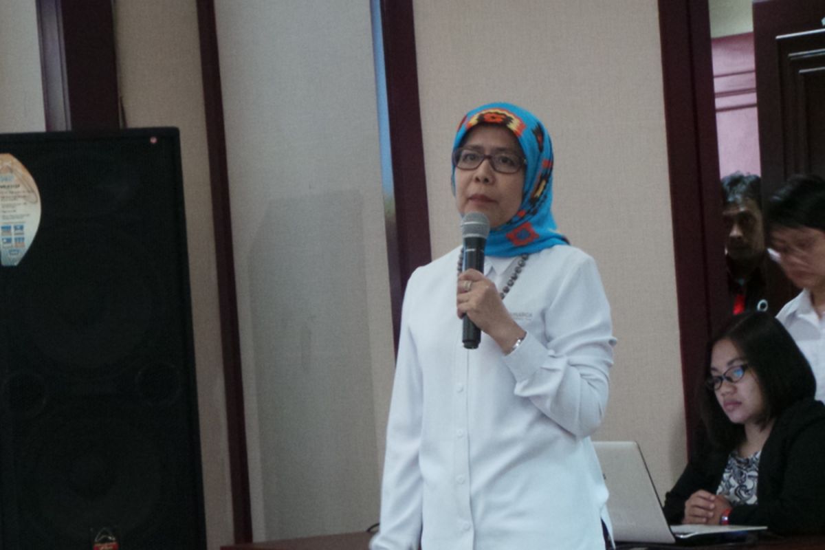 Direktur Utama PT Jasa Marga Desi Arryani, saat menyampaikan presentasinya, di Kementerian BUMN, Jakarta Pusat, Senin (29/5/2017).