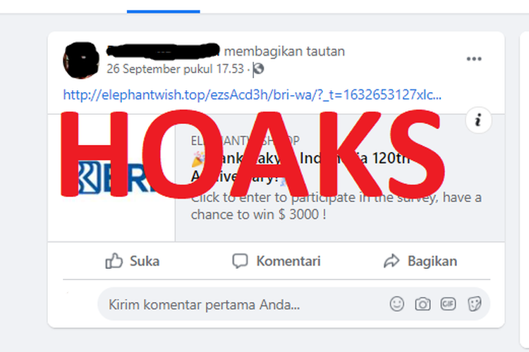 Tangkapan layar adanya hadiah 3.000 dollar AS yang disebut diadakan oleh Bank Rakyat Indonesia (BRI).