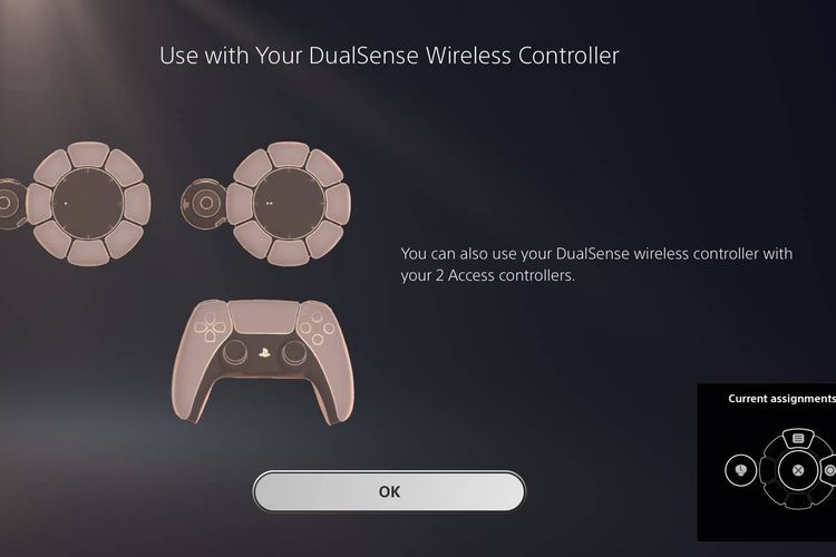 Menu UI sistem PS5 yang bisa menggabungkan dua stik Access PS5 dan satu DualSense.