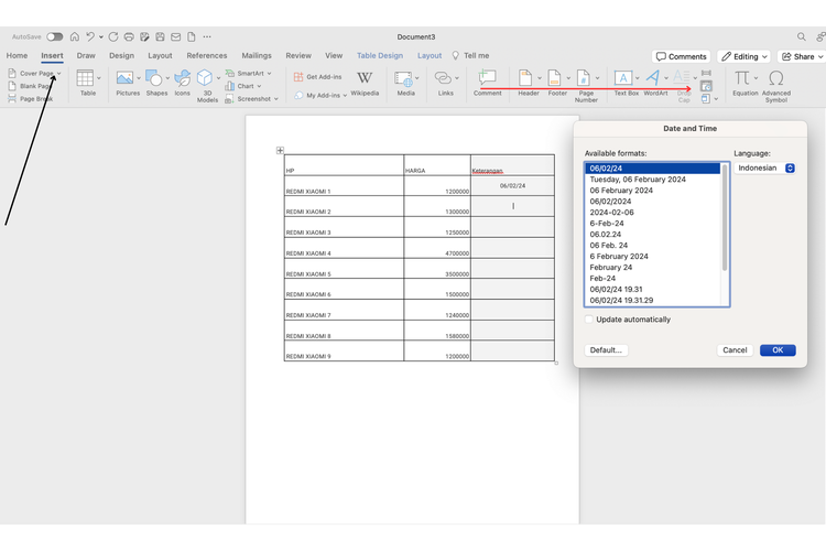 Ilustrasi cara tambahkan format tanggal di Word