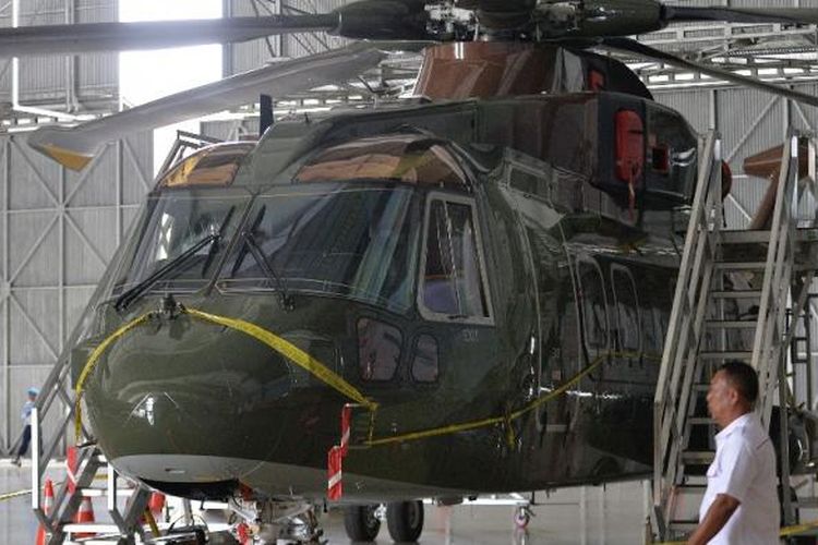 Helikoper AgustaWestland AW101 di Hanggar Skuadron Teknik 021, Lanud Halim Perdanakusuma, Jakarta Timur.