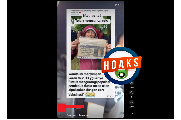 Tangkapan layar Facebook narasi yang mengeklaim Bill Gates menyebut vaksinasi paksa merupakan solusi depopulasi nol karbon