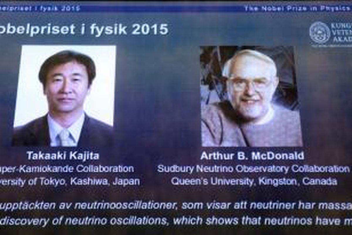 Takaaki Kajita (kiri) dan Arthur B McDonald, peraih Nobel Fisika 2015.