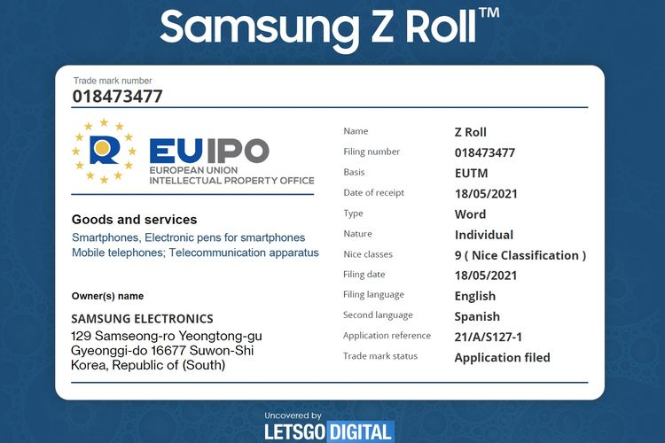 Samsung patenkan merek dagang Z Roll di laman Kantor Kekayaan Intelektual Uni Eropa (EUIPO).