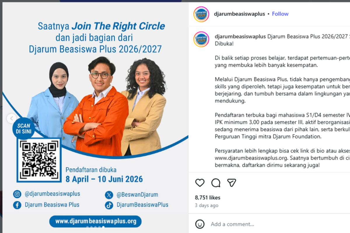 Djarum Buka Beasiswa Plus 2026 untuk Mahasiswa D4/S1, Syarat IPK Minimal 3,00