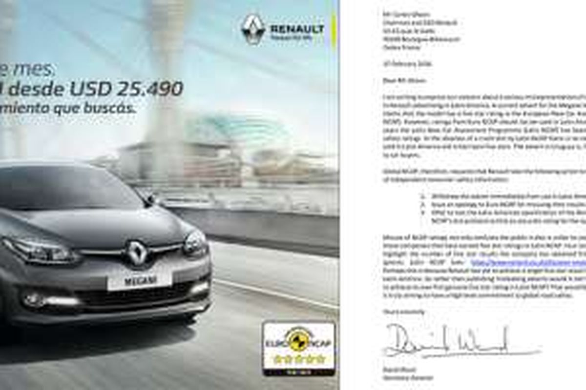 Global NCAP menegur Renault atas iklan Megane III di Amerika Latin yang menyantumkan label rating 5 bintang EURO NCAP.