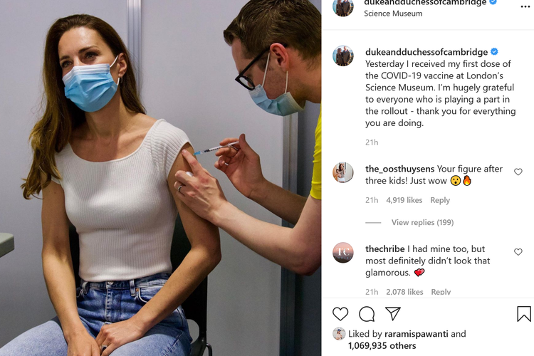 Penampilan kasual Kate Middleton saat menerima vaksin dosis pertama