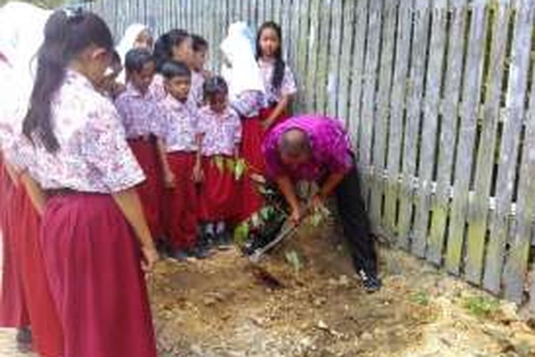 Para siswa SDN Bongan belajar menanam pohon Gaharu