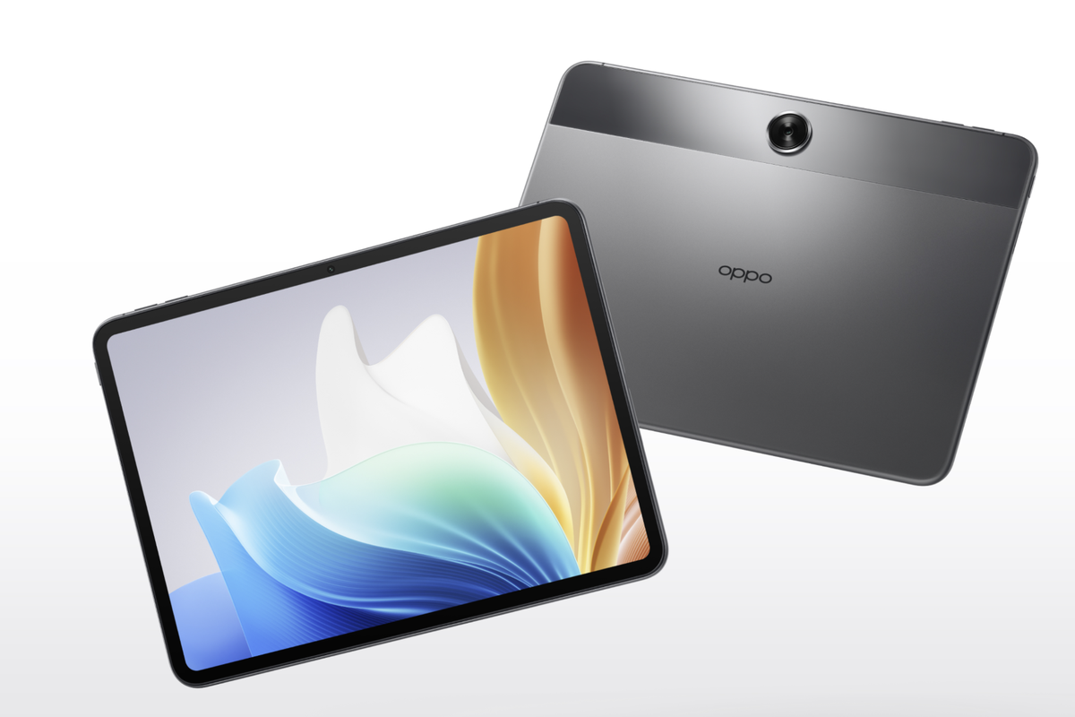 Ilustrasi tampilan layar dan punggung dari Oppo Pad Neo warna Space Grey