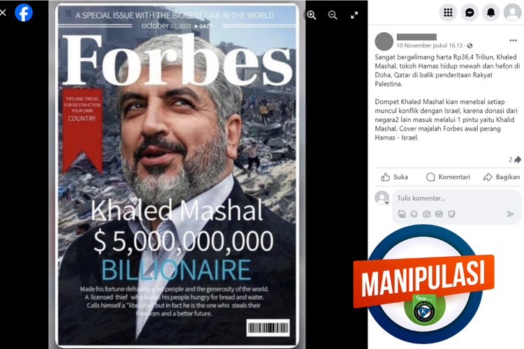 Tangkapan layar konten manipulasi di sebuah akun Facebook, Kamis (9/11/2023), soal sampul majalah Forbes edisi Oktober 2023 menampilkan Khaled Meshaal.