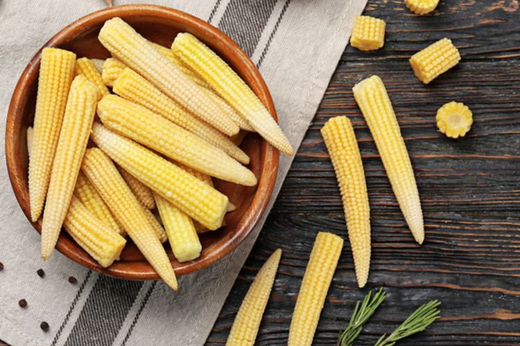 Ilustrasi jagung muda atau baby corn, jagung putren.