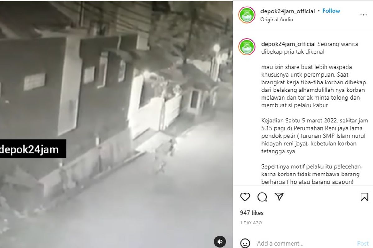 Video yang memperlihatkan seorang lelaki membekap perempuan yang tengah berjalan di Perumahan Reni Jaya Lama, Jalan Wijaya Kusuma, Pondok Petir, Depok, beredar di media sosial.