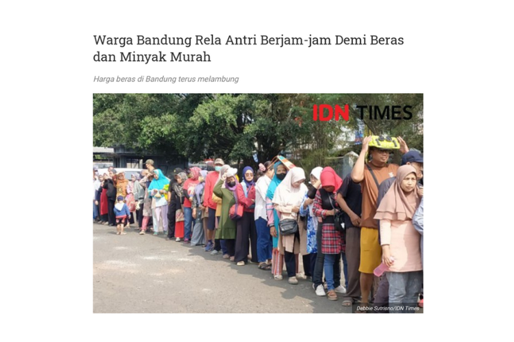Pemberitaan IDN Times pada 2023 tentang antrean beras dan minyak di Bandung, Jawa Barat