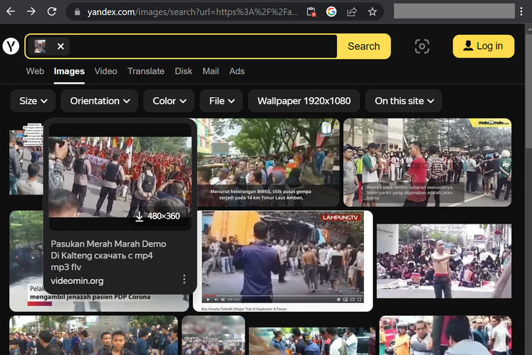 Tangkapan layar hasil pencarian gambar di Yandex, soal video suku dayak yang bentrok dengan TKA China.