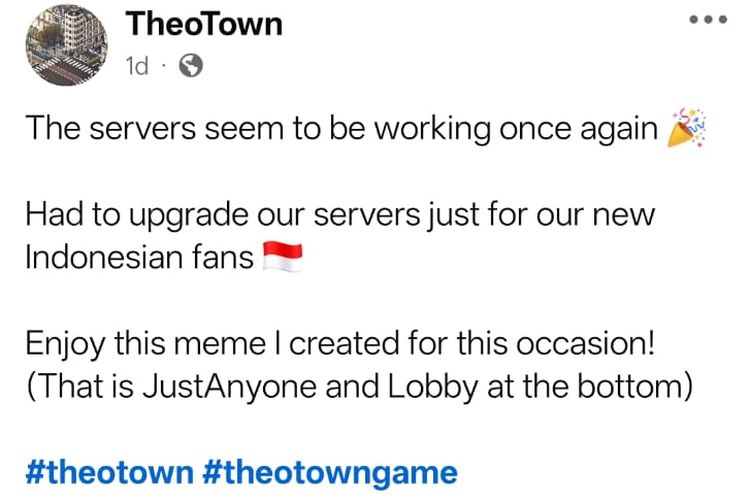 Pemberitahuan penambahan server setelah terjadi lonjakan pemain TheoTown dari Indonesia.