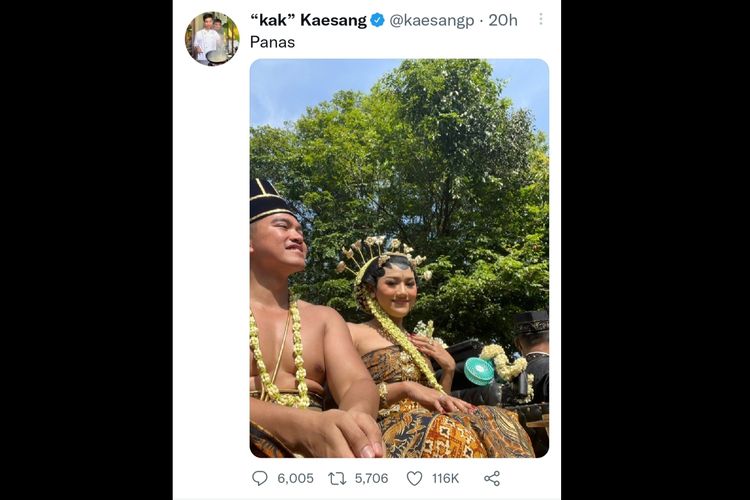 Putra bungsu Presiden Joko Widodo, Kaesang Pangarep aktif di Twitter di sela-sela prosesi pernikahannya dengan Erina Gudono.