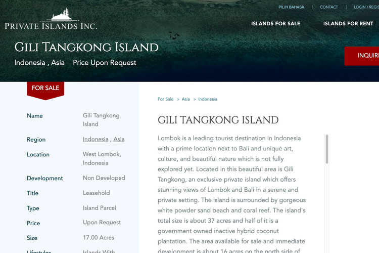 Tangkapan layar situs jual beli pulau PrivateIslandOnline