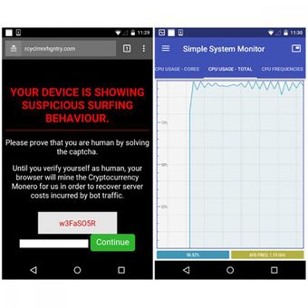 Tampilan situs berisi cryptominer (kiri) yang menambang uang virtual di perangkat Android korban redirect (gambar kiri). Di gambar kanan tampak grafik pemakaian prosesor gadget yang tiba-tiba melonjak karena perangkat dipakai menambang uang virtual selagi membuka situs tersebut.