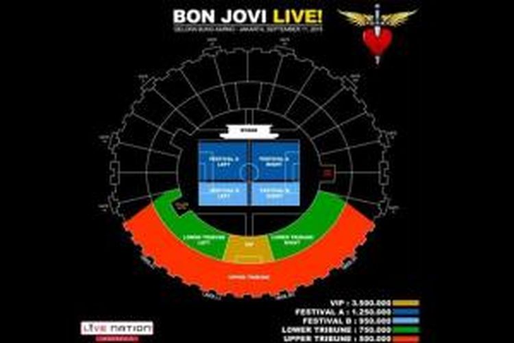 Denah pembagian kelas tiket konser Bon Jovi Live! di Jakarta, yang akan diselenggarakan di Stadion Utama Gelora Bung Karno, Senayan, pada 11 September 2015.