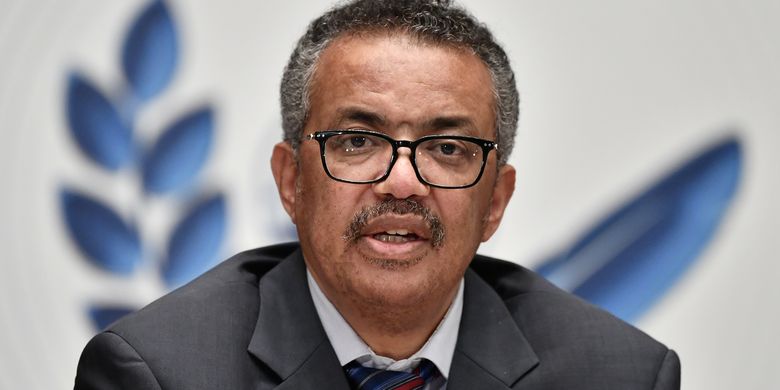 Direktur Jenderal WHO Tedros Adhanom Ghebreyesus saat konferensi pers di Geneva Association of United Nations Correspondents (ACANU), pada 3 Juli 2020.