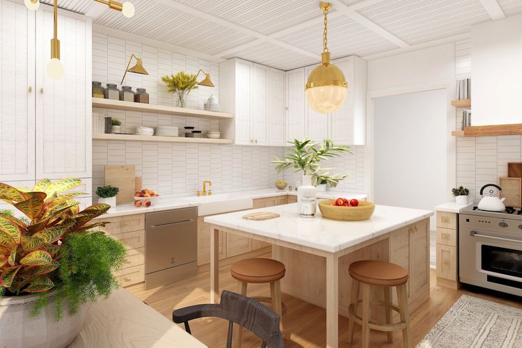 Ilustrasi rak terbuka di dapur minimalis, desain dapur minimalis.
