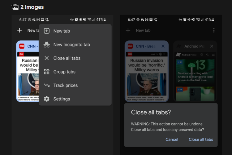 Ilustrasi jendela pop-up yang akan dilihat pengguna mobile di Chrome 100 ketika ingin menutup semua tab yang dibuka.