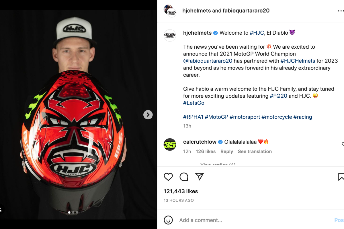 Pebalap Monster Energy Yamaha Fabio Quartarao resmi berganti merek helm untuk musim 2023.
